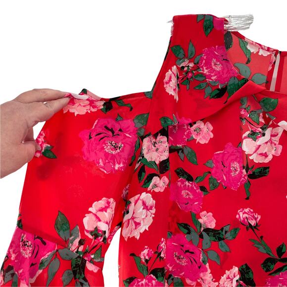 BELLE SKY Red Floral Cold Shoulder Long Bell Sleeve Loose Boho Blouse Top XXL - Picture 2 of 11
